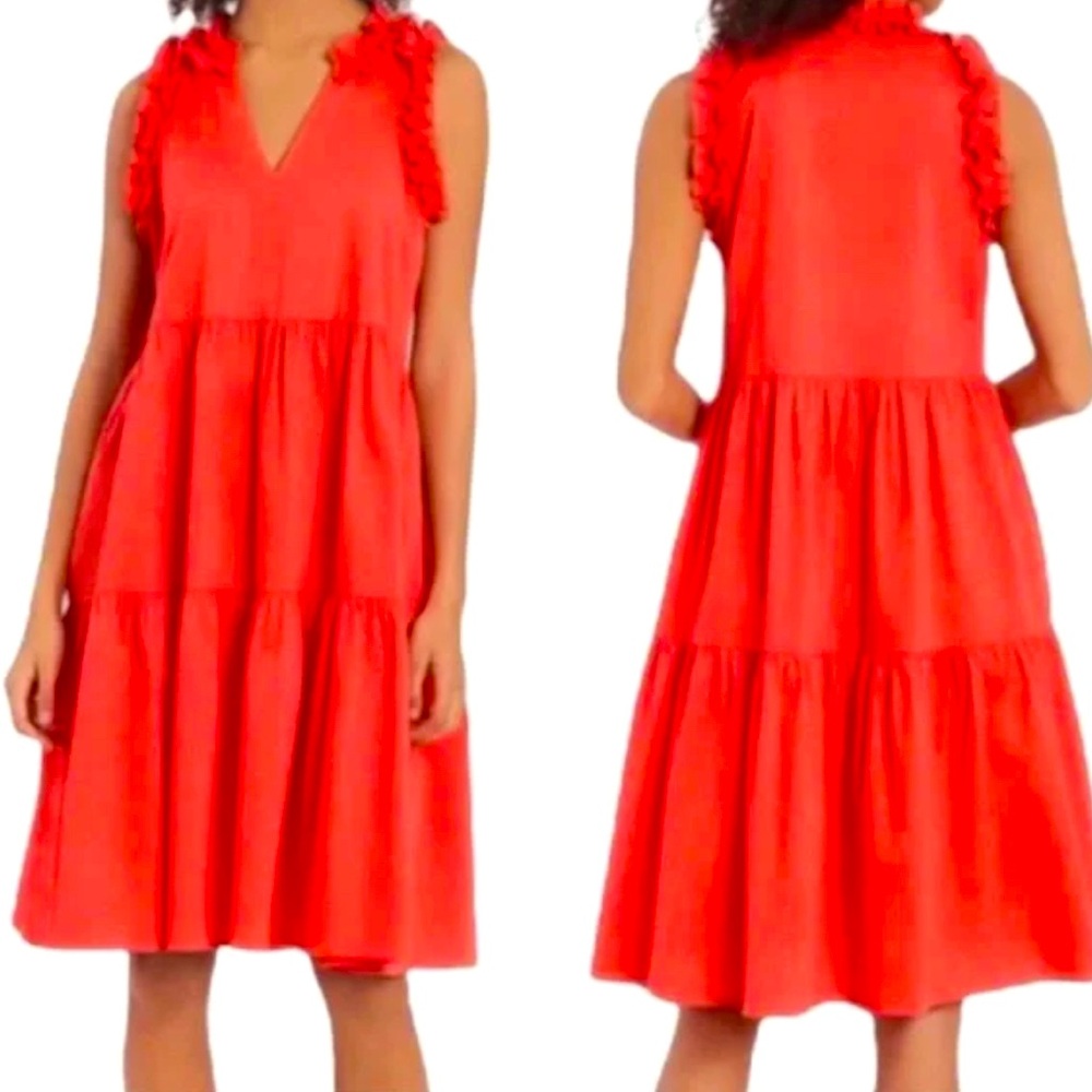 Maggy London Red Ruffle V-Neck Tiered Sleeveless Cotton Blend Mini Dress 2 NWT